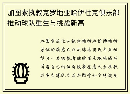 加图索执教克罗地亚哈伊杜克俱乐部推动球队重生与挑战新高 加图索执教克罗地亚哈伊杜克俱乐部推动球队重生与挑战新高